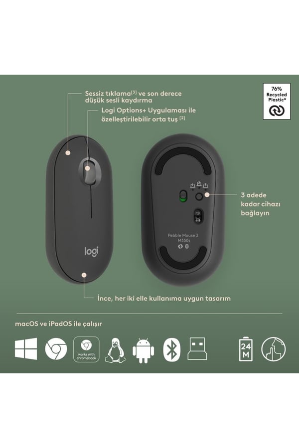 Logitech 920-012245 Grafit Pebble 2 Combo Çoklu Sessiz Kablosuz Türkçe Q Klavye Mouse Seti