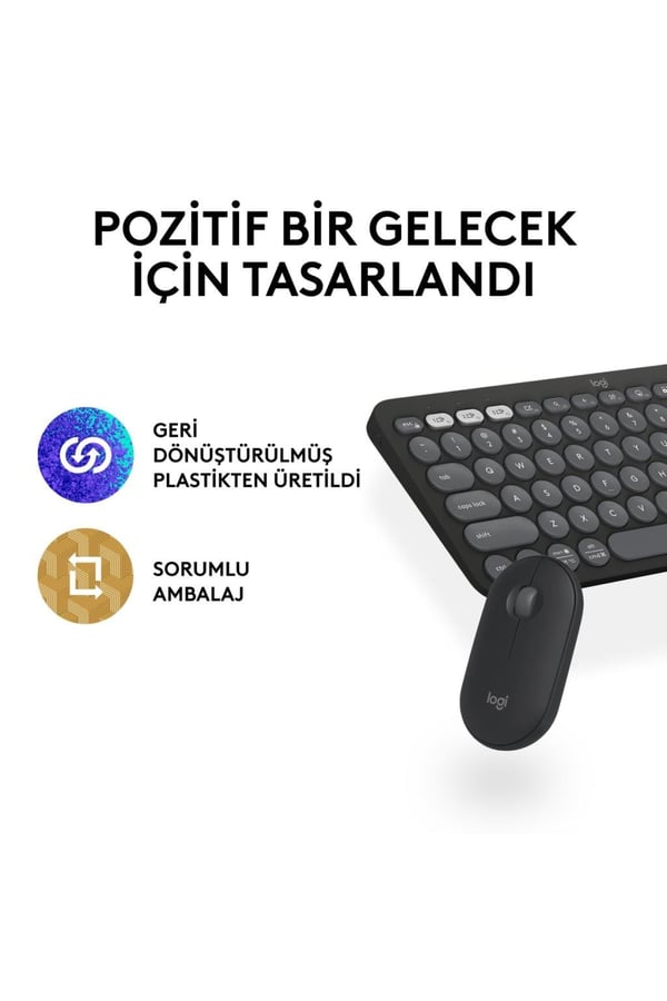 Logitech 920-012245 Grafit Pebble 2 Combo Çoklu Sessiz Kablosuz Türkçe Q Klavye Mouse Seti