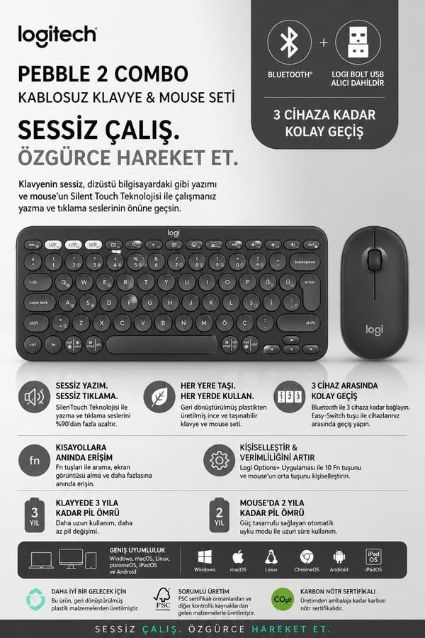 Logitech 920-012245 Grafit Pebble 2 Combo Çoklu Sessiz Kablosuz Türkçe Q Klavye Mouse Seti