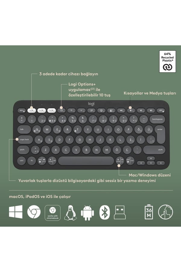 Logitech 920-012245 Grafit Pebble 2 Combo Çoklu Sessiz Kablosuz Türkçe Q Klavye Mouse Seti