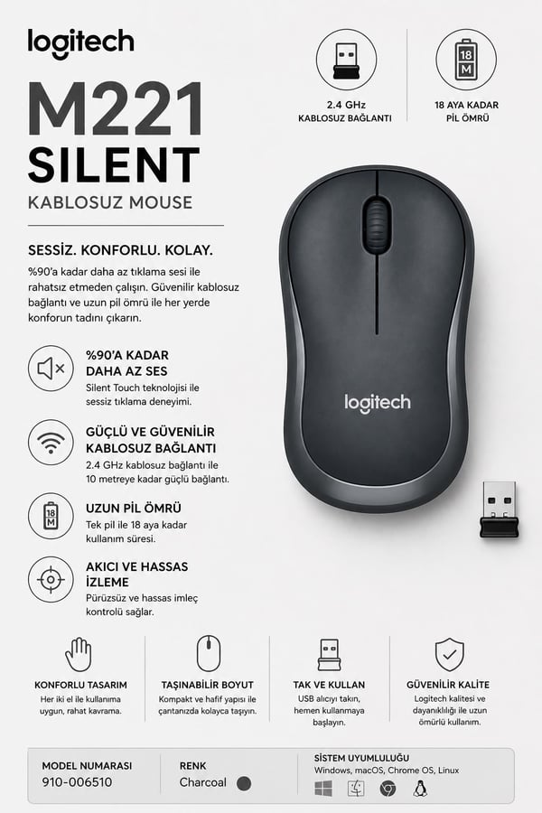 Logitech M221 Silent Sessiz Charcoal Kablosuz Mouse - 910-006510