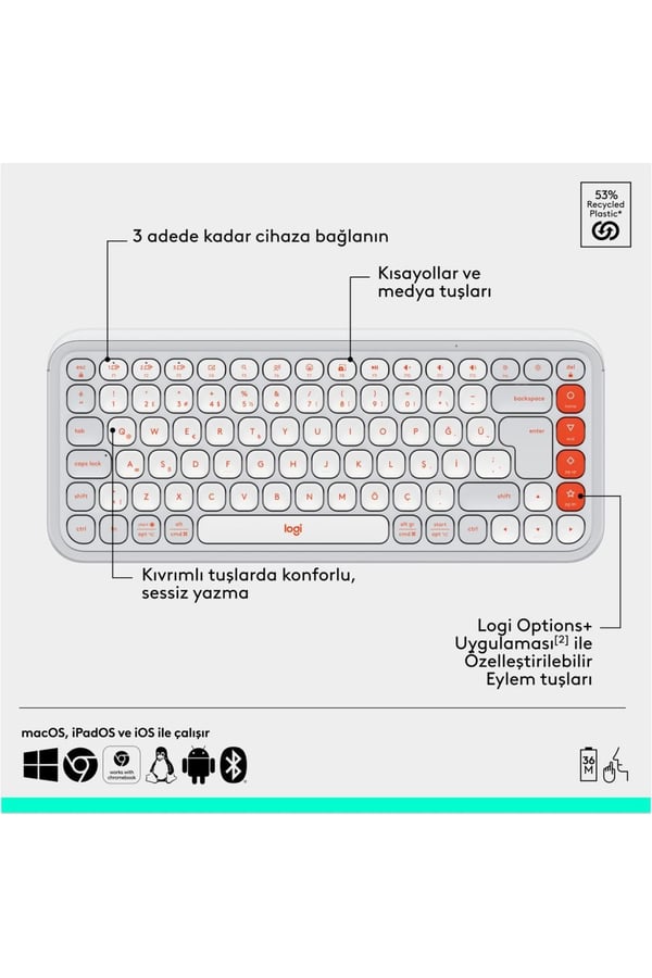 Logitech Pop Icon Combo 920-013076 Beyaz Kablosuz Klavye Mouse Seti