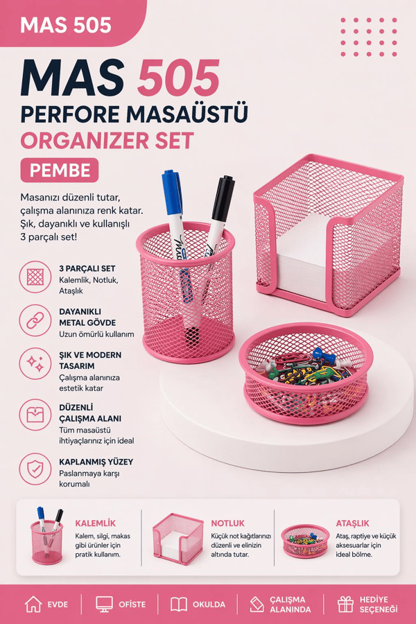 MAS 505 Perfore Masaüstü Organizer Set Pembe