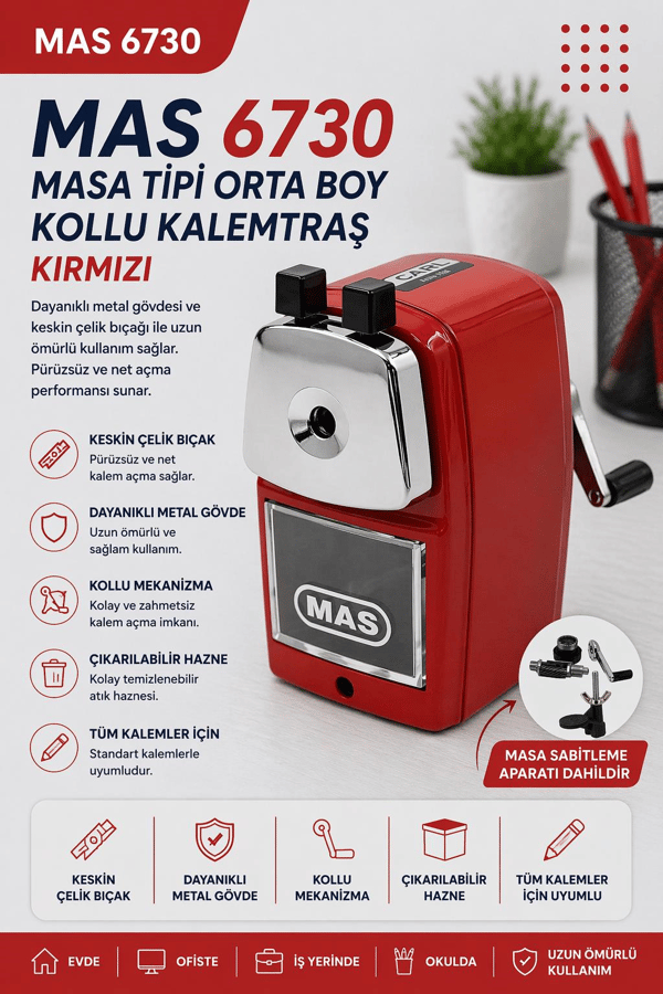 Mas 6730 Masa Tipi Orta Boy Kollu Kalemtraş - Kırmızı
