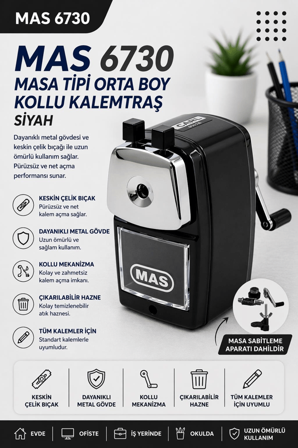 Mas 6730 Masa Tipi Orta Boy Kollu Kalemtraş - Siyah