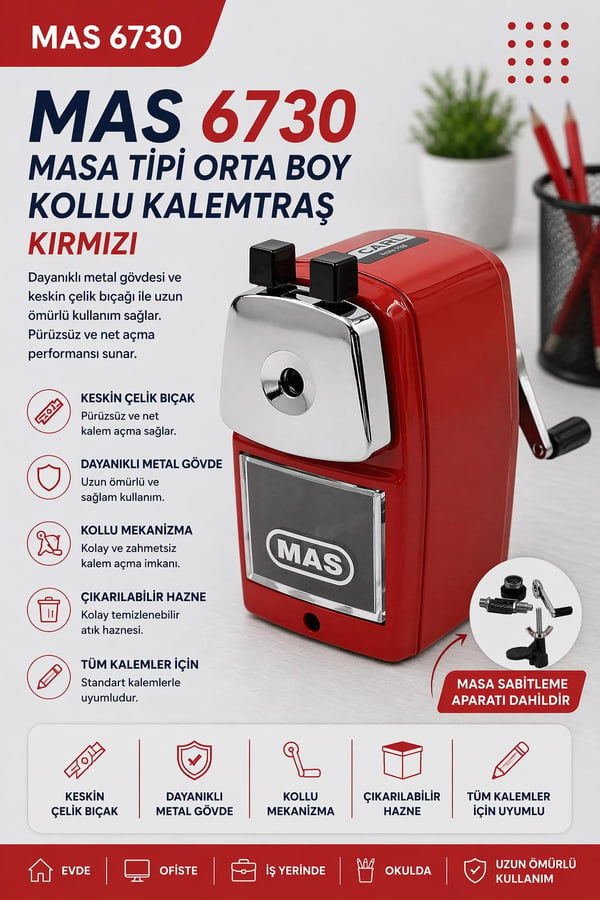 Mas 6730 Masa Tipi Orta Boy Kollu Kalemtraş - Kırmızı