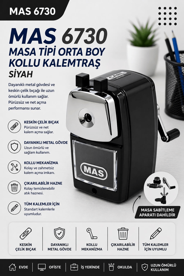 Mas 6730 Masa Tipi Orta Boy Kollu Kalemtraş - Siyah