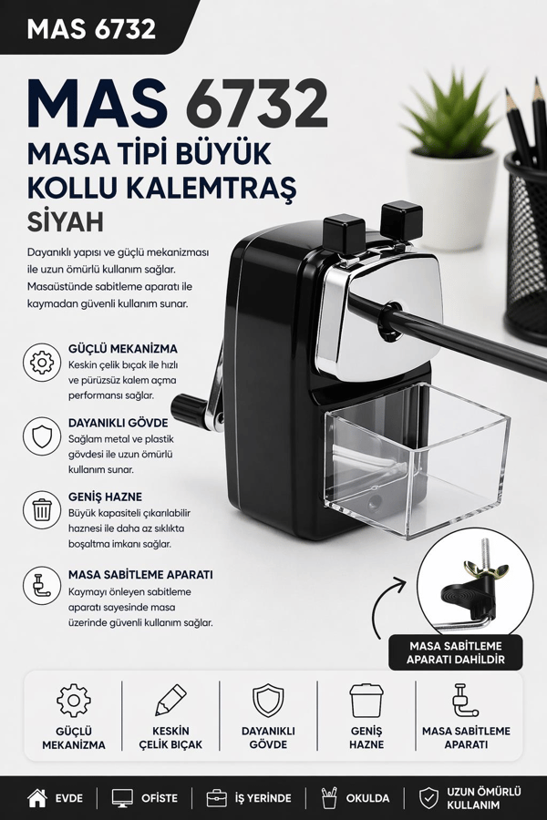 Mas 6732 Masa Tipi Büyük Kollu Kalemtraş - Siyah