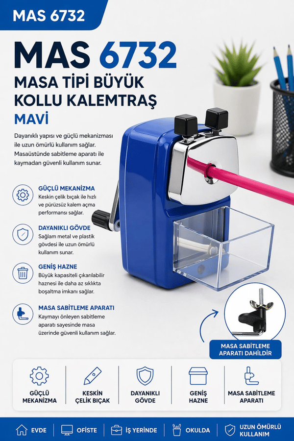 Mas 6732 Masa Tipi Büyük Kollu Kalemtraş - Mavi