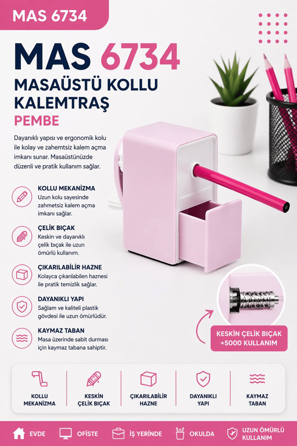 Mas 6734 Masaüstü Kollu Kalemtraş - Pembe