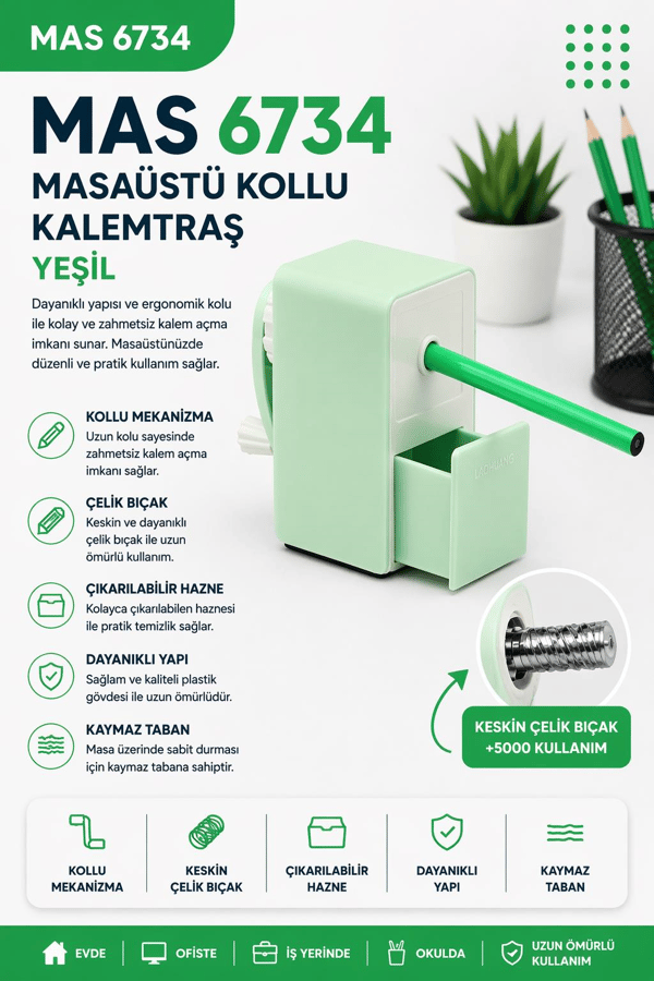 Mas 6734 Masaüstü Kollu Kalemtraş - Yeşil