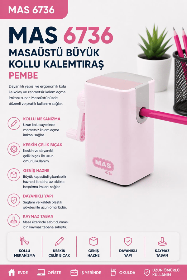 Mas 6736 Masaüstü Büyük Kollu Kalemtraş - Pembe