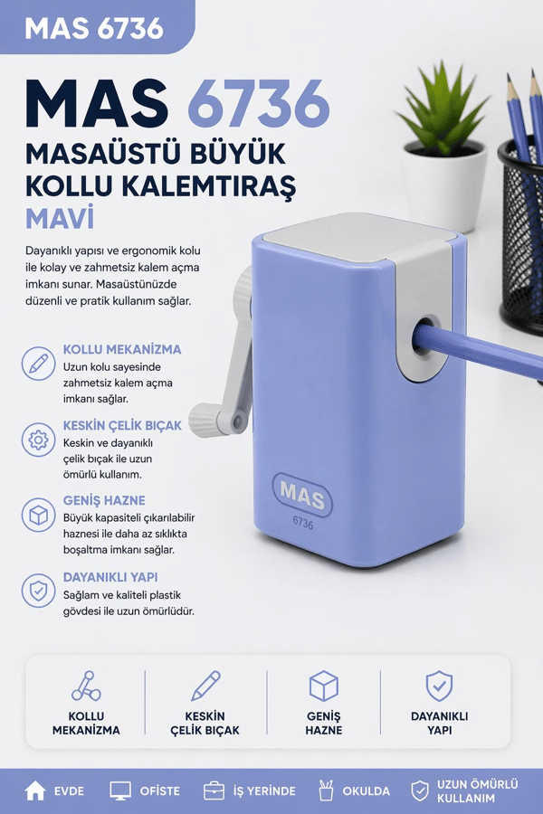 Mas 6736 Masaüstü Büyük Kollu Kalemtraş - Mavi