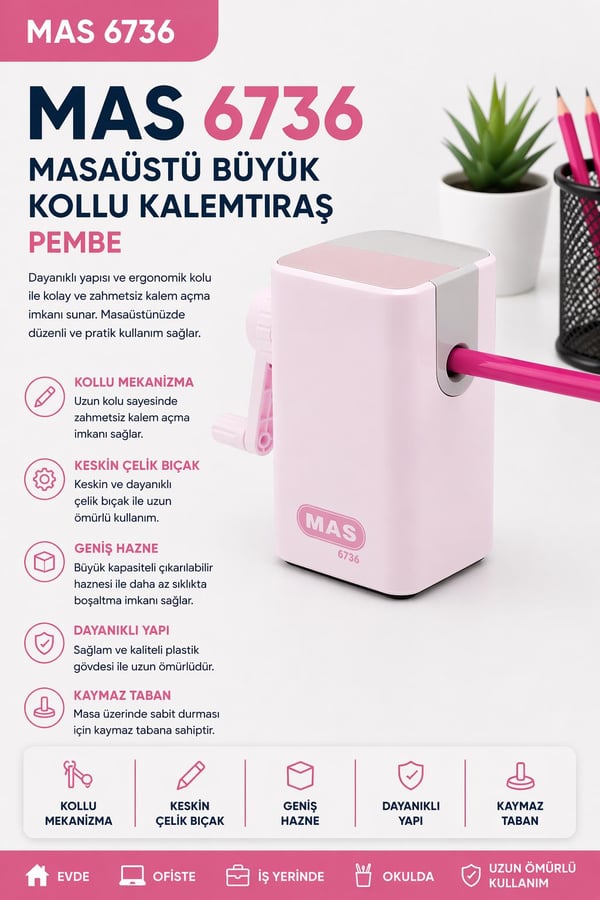 Mas 6736 Masaüstü Büyük Kollu Kalemtraş - Pembe