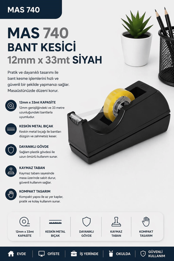 Mas 740 Siyah Bant Kesici 12Mm X 33Mt