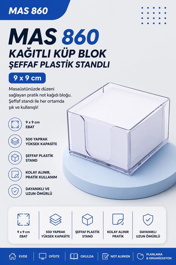 MAS 860 Kağıtlı Kısa Boy Küp Blok Şeffaf Plastik Standlı (9 x 9 cm, 500 Yaprak)