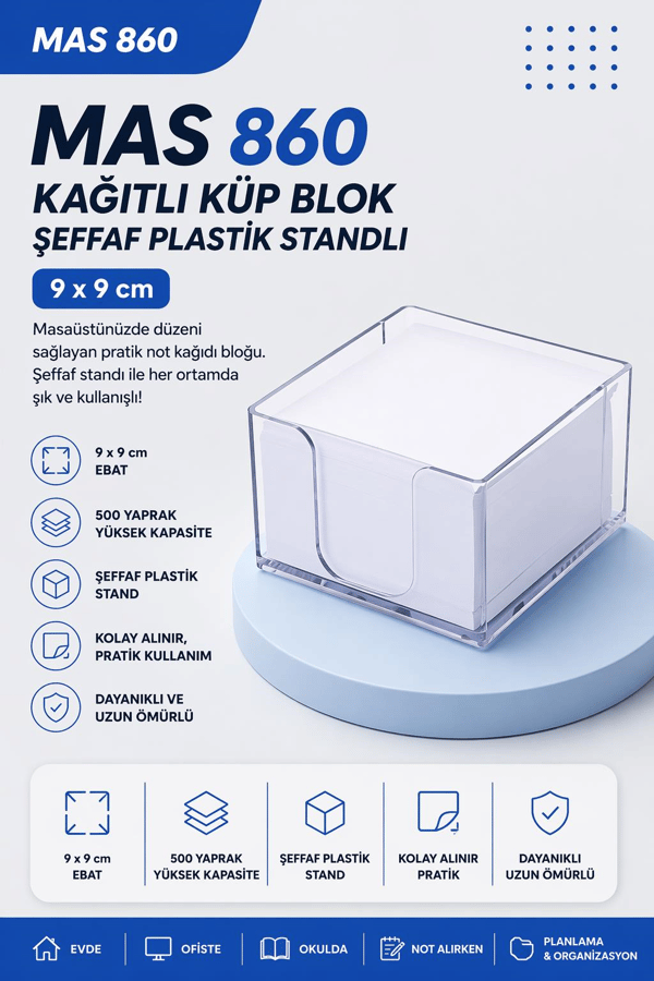 MAS 860 Kağıtlı Kısa Boy Küp Blok Şeffaf Plastik Standlı (9 x 9 cm, 500 Yaprak)