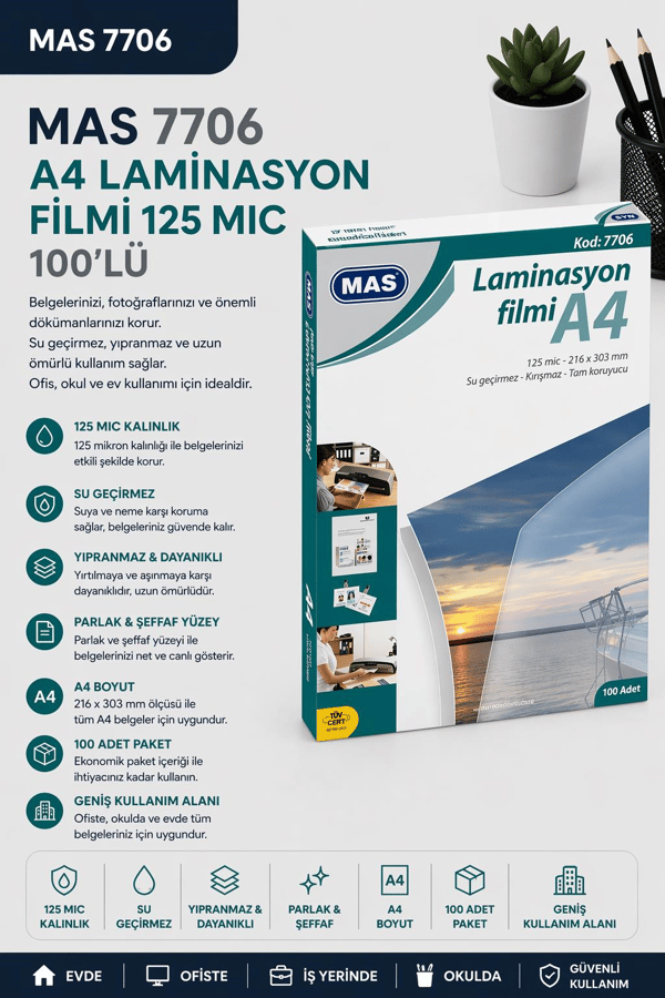 Mas A4 Laminasyon Filmi 125 Mic 100'Lü