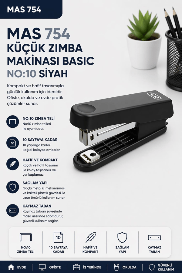 Mas Küçük Zımba Makinası Basic No:10 Siyah 754