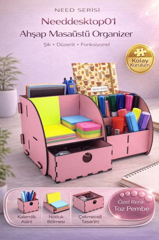 Masaüstü Düzenleyici Ahşap Organizer Seti Pembe