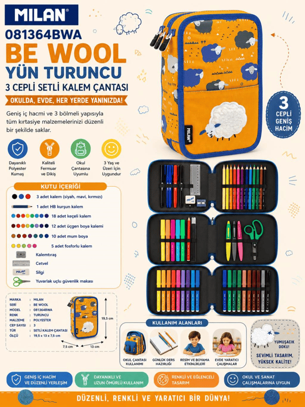 Milan 081364BWA Be Wool Yün Turuncu 3 Cepli Setli Kalem Çantası