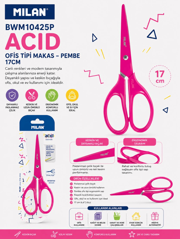 Milan BWM10425P Acid Ofis Tipi Makas Pembe 17 cm