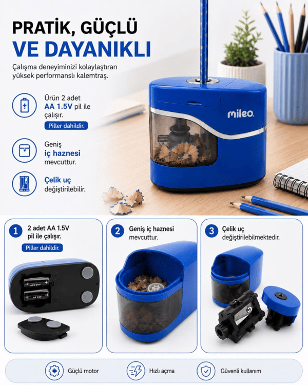 Mileo Pilli Otomatik Mavi Kalemtraş