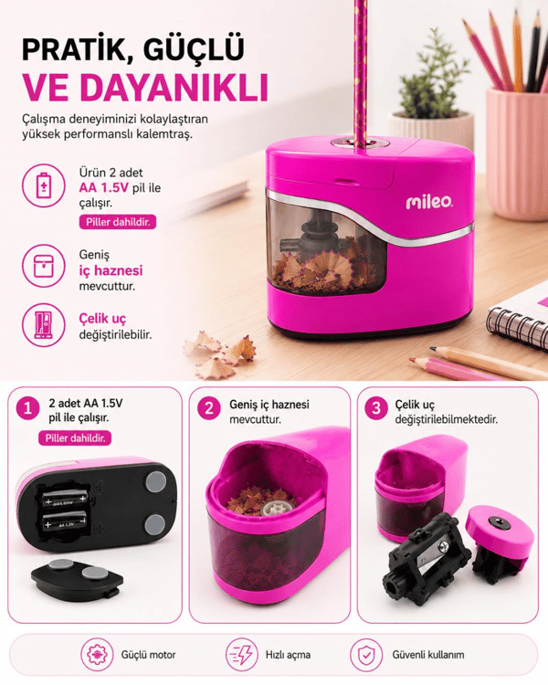 Mileo Pilli Otomatik Pembe Kalemtraş