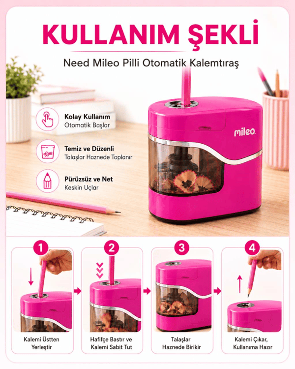 Mileo Pilli Otomatik Pembe Kalemtraş