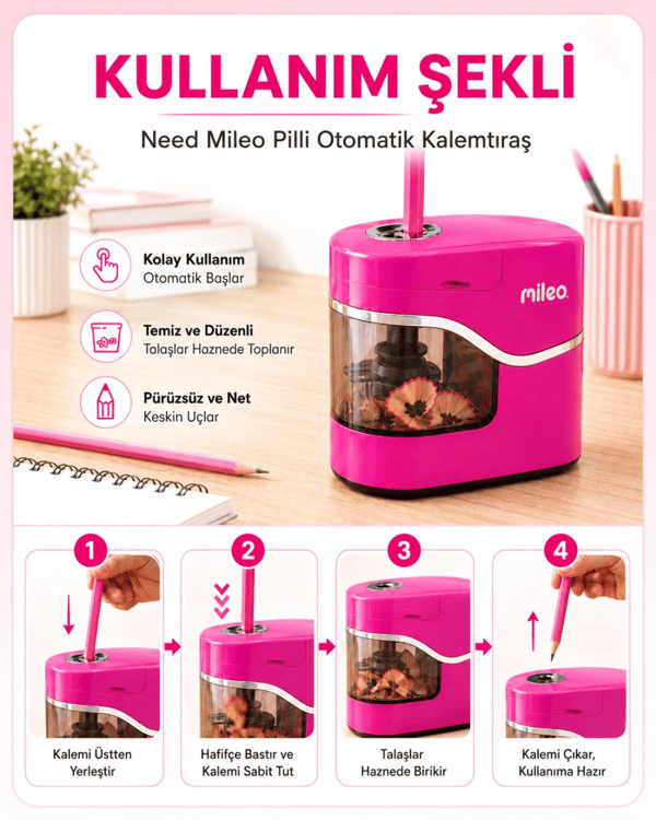 Mileo Pilli Otomatik Pembe Kalemtraş