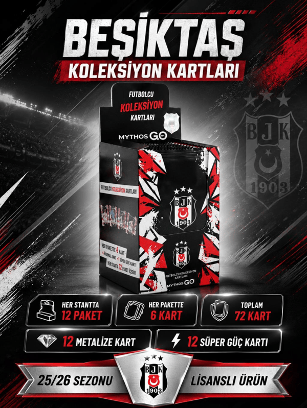 MYTHOS GO Beşiktaş Futbolcu Kartları 12'li Kutu 2025/2026 | 72 Kart | Resmi Lisanslı