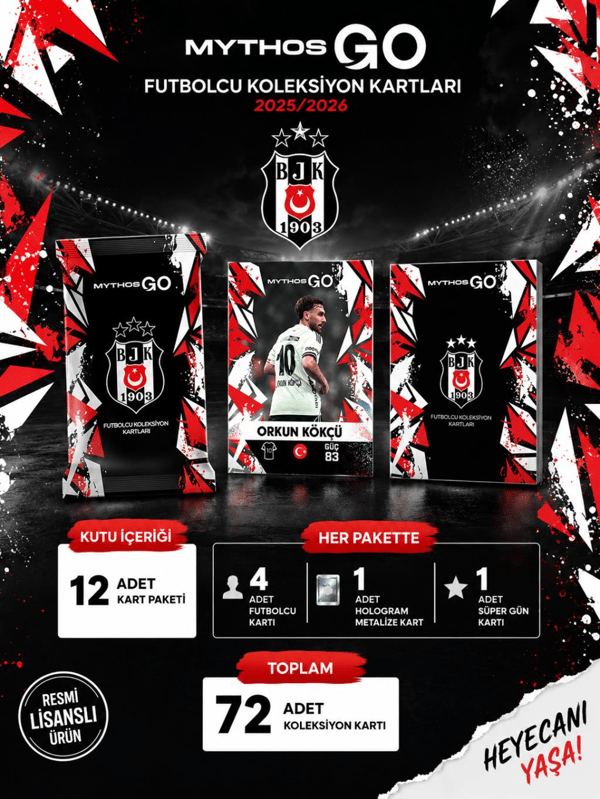MYTHOS GO Beşiktaş Futbolcu Kartları 12'li Kutu 2025/2026 | 72 Kart | Resmi Lisanslı