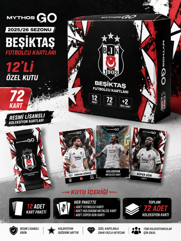 MYTHOS GO Beşiktaş Futbolcu Kartları 12'li Kutu 2025/2026 | 72 Kart | Resmi Lisanslı