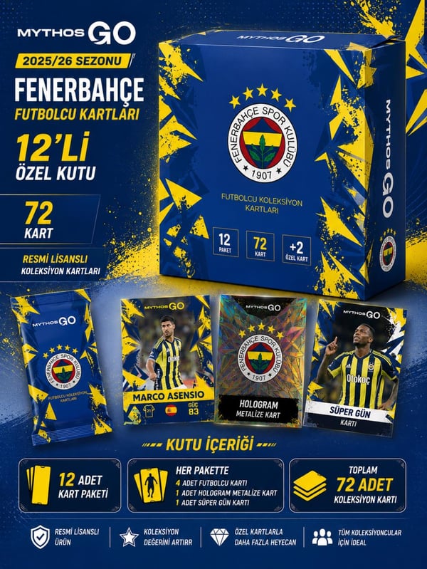 MYTHOS GO Fenerbahçe Futbolcu Kartları 12'li Kutu 2025/2026 | 72 Kart | Resmi Lisanslı