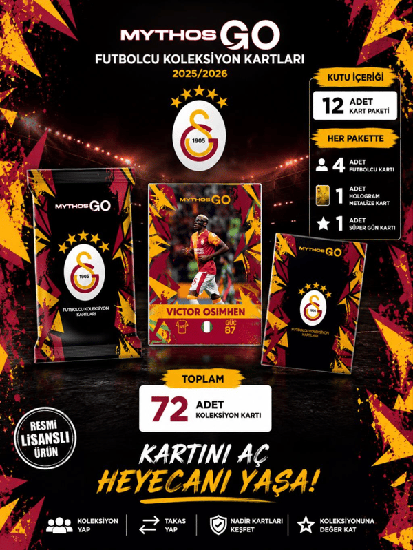 MYTHOS GO Galatasaray Futbolcu Kartları 12'li Kutu 2025/2026 | 72 Kart | Resmi Lisanslı