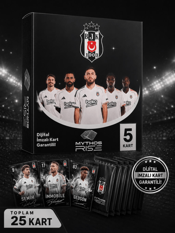 Mythos Rise Beşiktaş Futbolcu Kartları 5'li Kutu Paketi | 25 Kart | Dijital İmzalı Kart Garantili