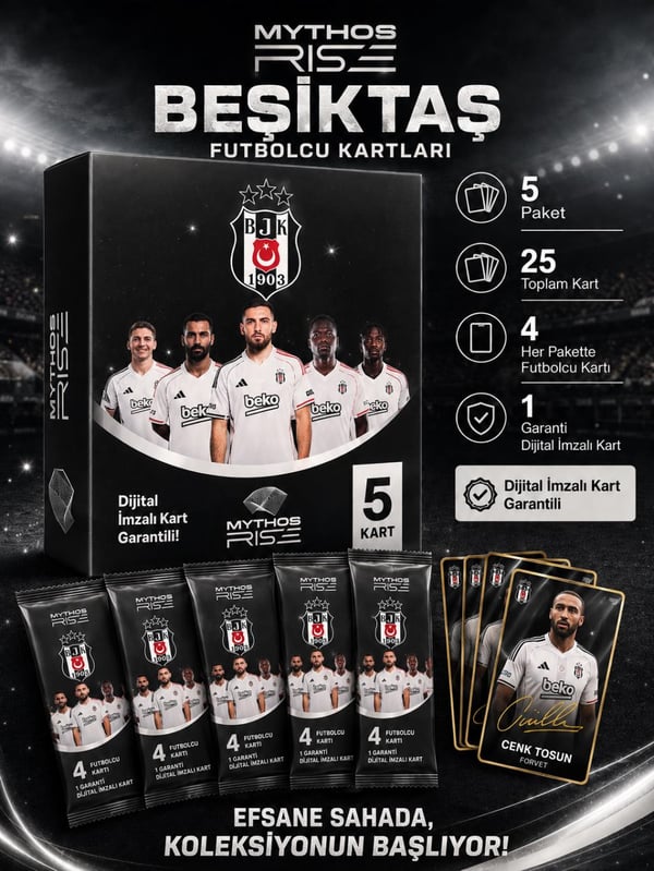 Mythos Rise Beşiktaş Futbolcu Kartları 5'li Kutu Paketi | 25 Kart | Dijital İmzalı Kart Garantili