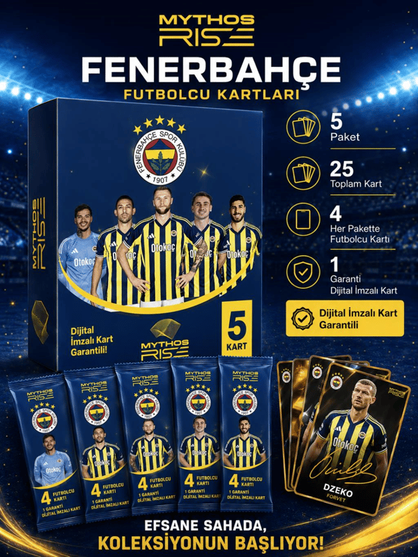 Mythos Rise Fenerbahçe Futbolcu Kartları 5'li Kutu Paketi | 25 Kart | Dijital İmzalı Kart Garantili