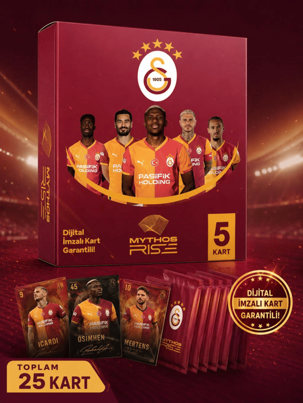 Mythos Rise Galatasaray Futbolcu Kartları 5'li Kutu Paketi | 25 Kart | Dijital İmzalı Kart Garantili