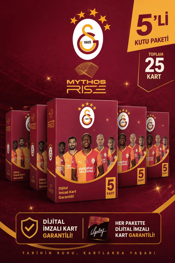 Mythos Rise Galatasaray Futbolcu Kartları 5'li Kutu Paketi | 25 Kart | Dijital İmzalı Kart Garantili