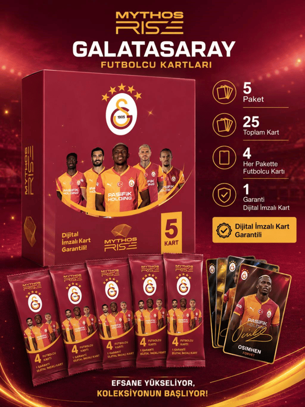 Mythos Rise Galatasaray Futbolcu Kartları 5'li Kutu Paketi | 25 Kart | Dijital İmzalı Kart Garantili