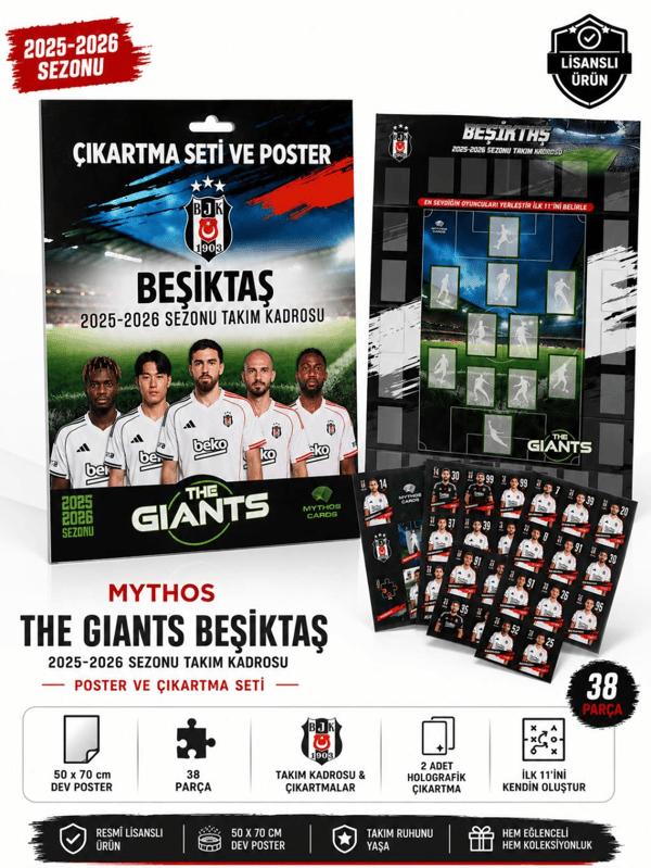 MYTHOS The Giants Beşiktaş 2025-2026 Sezonu Takım Kadrosu Poster ve Çıkartma Seti | 50 x 70 cm | 38 Parça