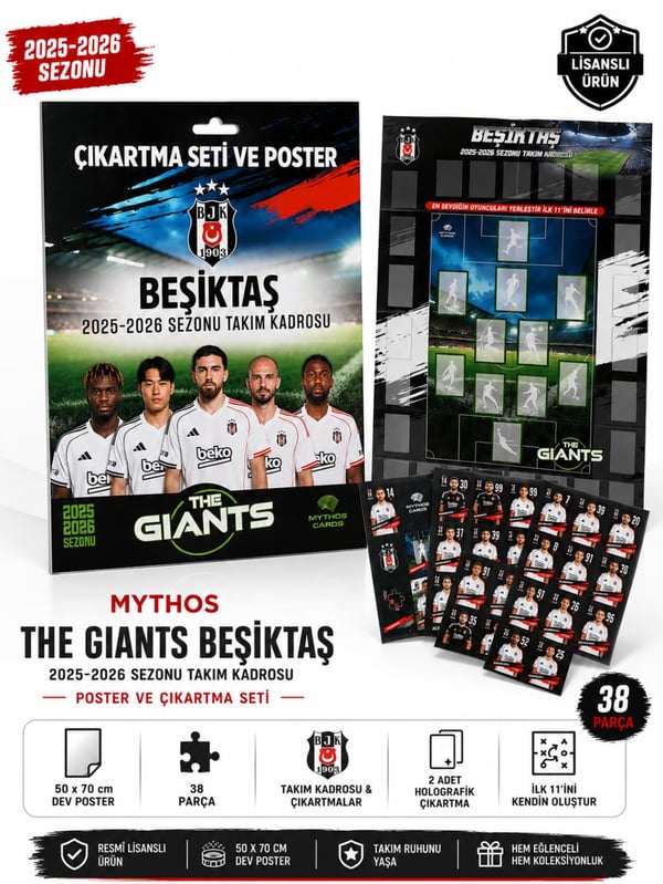 MYTHOS The Giants Beşiktaş 2025-2026 Sezonu Takım Kadrosu Poster ve Çıkartma Seti | 50 x 70 cm | 38 Parça