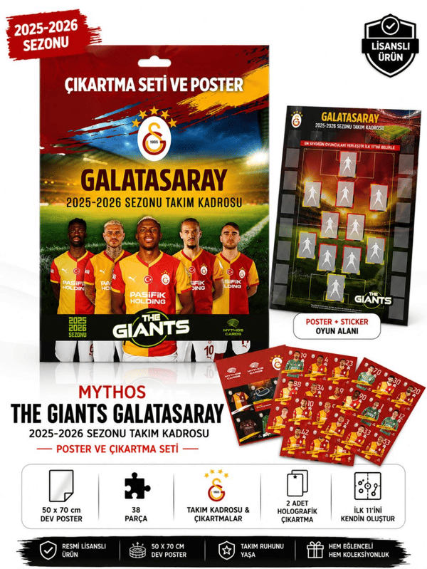 MYTHOS The Giants Galatasaray 2025-2026 Sezonu Takım Kadrosu Poster ve Çıkartma Seti | 50 x 70 cm | 38 Parça