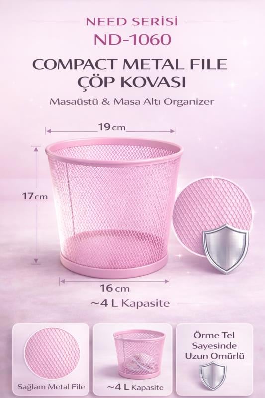 ND-1060 Masaüstü & Masa Altı Metal File Çöp Kovası – Small Organizer  (Toz Pembe)
