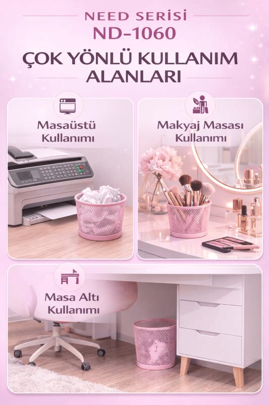 ND-1060 Masaüstü & Masa Altı Metal File Çöp Kovası – Small Organizer  (Toz Pembe)