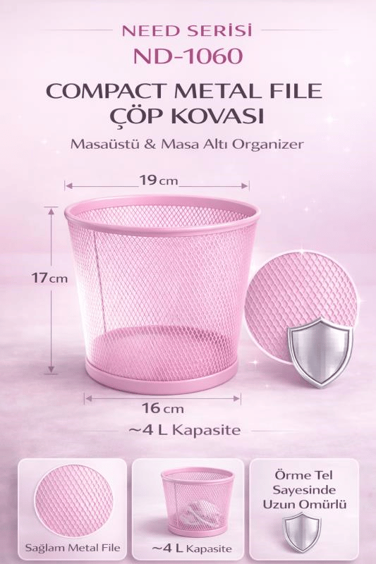 ND-1060 Masaüstü & Masa Altı Metal File Çöp Kovası – Small Organizer  (Toz Pembe)
