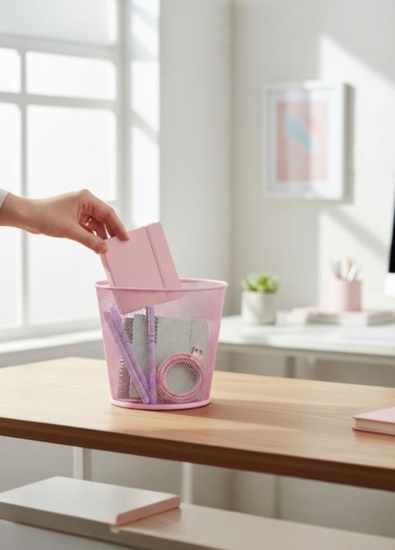 ND-1060 Masaüstü & Masa Altı Metal File Çöp Kovası – Small Organizer  (Toz Pembe)