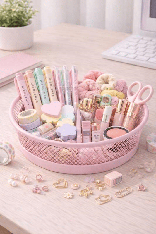 ND-2110 Çok Amaçlı Toz Pembe Metal Organizer – Kırtasiye, Makyaj ve Saç Aksesuar Sepeti
