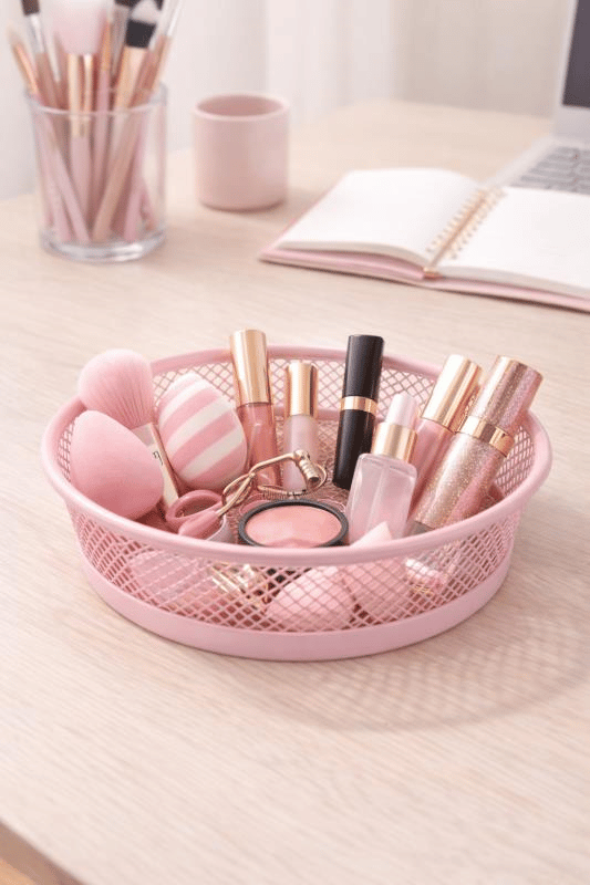 ND-2110 Çok Amaçlı Toz Pembe Metal Organizer – Kırtasiye, Makyaj ve Saç Aksesuar Sepeti